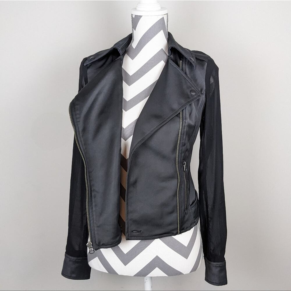 GUESS Satin Cropped Moto Jacket Sheer Sleeve Black XS Y2K - Picture 9 of 16
